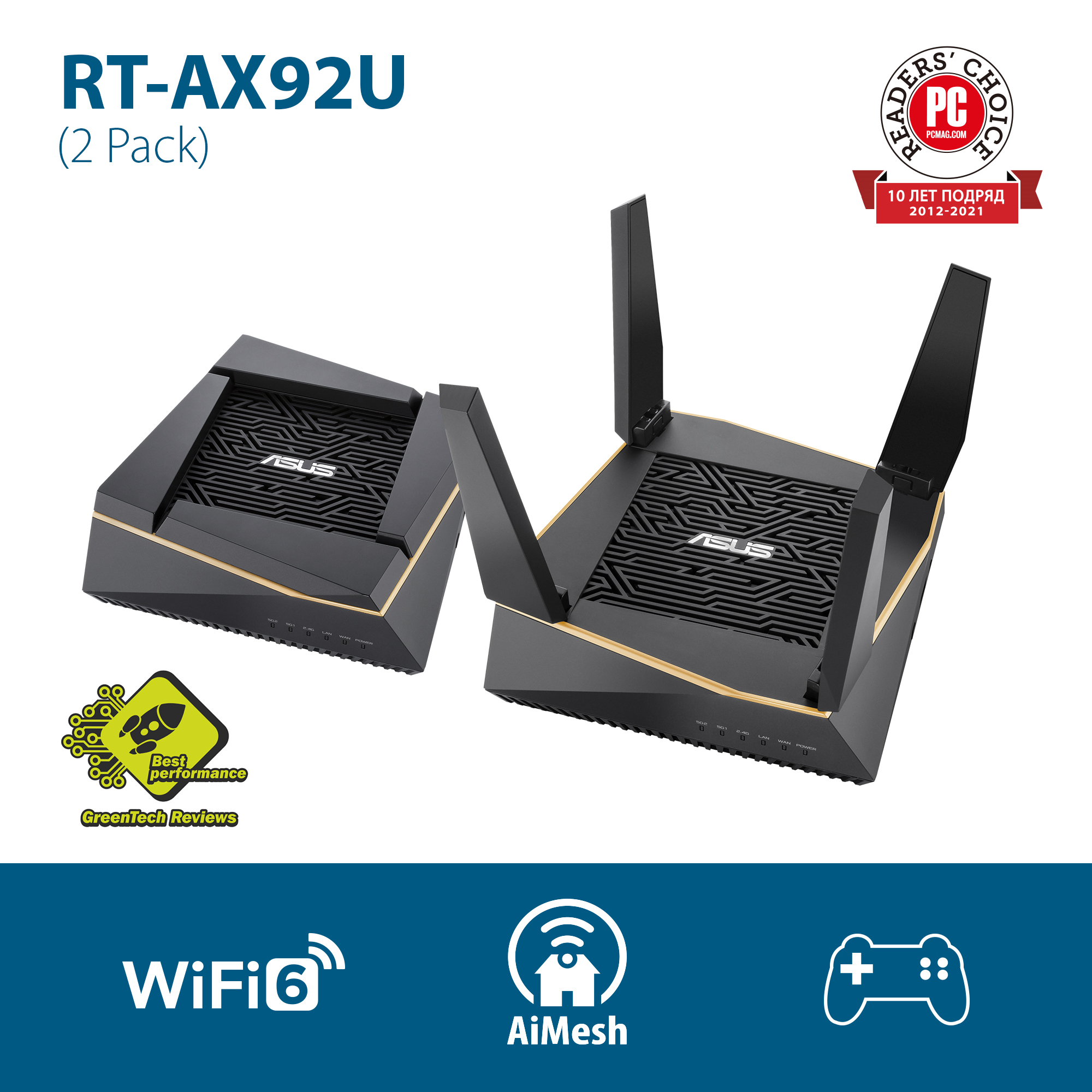 Mesh система ASUS RT-AX92U 2 Pack, 802.11a/b/g/n/ac/ax, 2.4/5ГГц, до 6071 Мбит/с, LAN 4x1Гбит/с, WAN 1x1 Гбит/с, внешних антенн: 4, внутренних антенн: 2, 1xUSB 2.0, 1xUSB 3.0, комплект 2 (90IG04P0-MU2020) Нужен переходник питания!