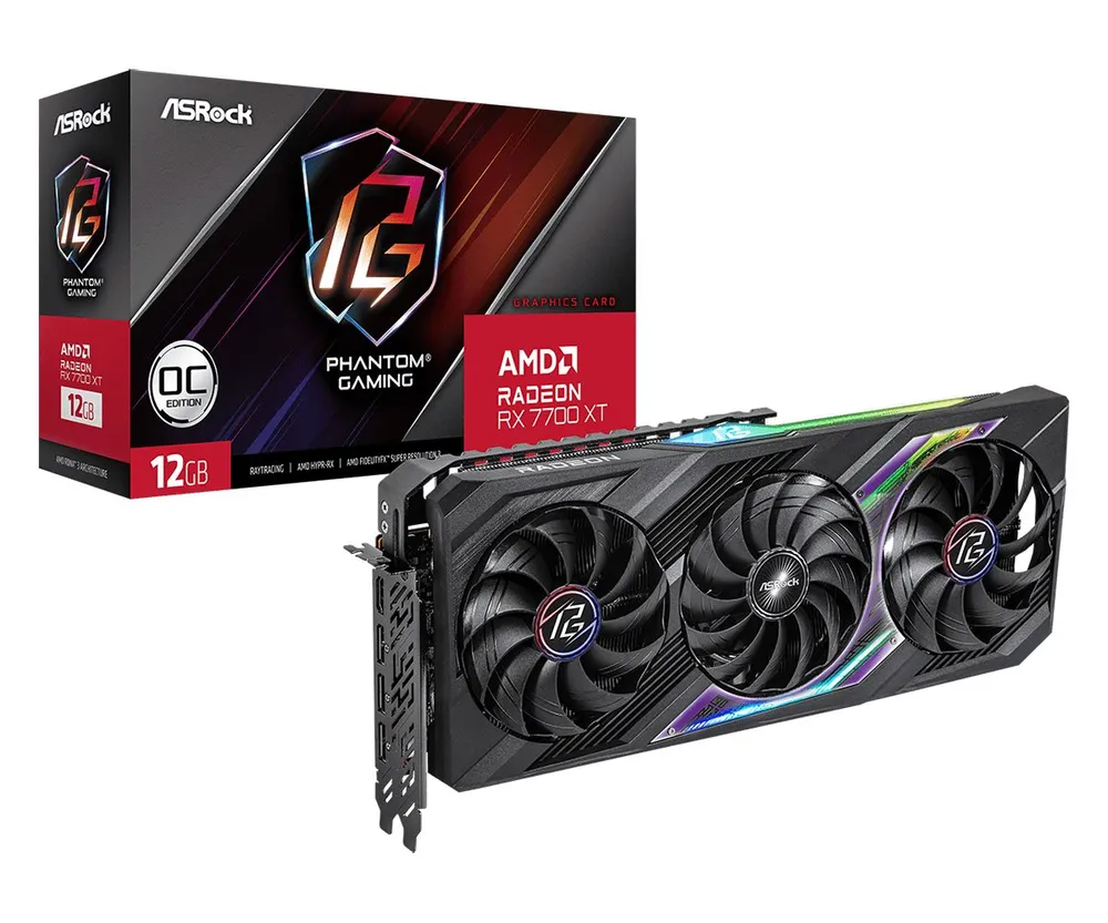 

Видеокарта ASRock AMD Radeon RX 7700 XT Phantom Gaming OC, 12Gb DDR6, 192 бит, PCI-E, HDMI, 3DP, Retail (RX7700XT PG 12GO), Phantom Gaming OC