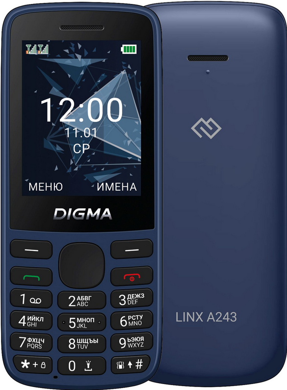 

Мобильный телефон DIGMA A243, 2.4" 320x240 TFT, 32Mb RAM, 32Mb, BT, 2-Sim, 1200 мА·ч, USB Type-C, темно-синий (Digma A243 Blue), A243