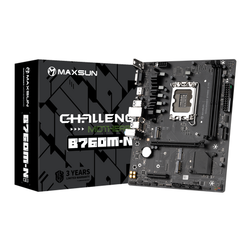 Материнская плата MaxSun Challenger B760M-N D5, Socket1700, Intel B760, 2xDDR5 DIMM, PCI-Ex16, 3SATA3, 5.1-ch, GLAN, 4 USB 3.2, VGA, HDMI, mATX, Retail - фото 1