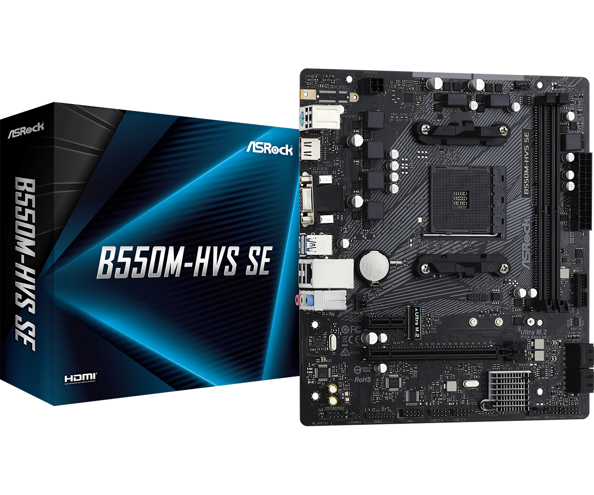 Материнская плата ASRock B550M-HVS SE, SocketAM4, AMD PRO565, 2xDDR4, PCI-Ex16, 4SATA3, 7.1-ch, GLAN, 6 USB 3.2, VGA, HDMI, mATX, Retail