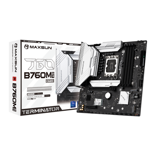 

Материнская плата MaxSun Terminator B760M D4 WIFI6E, Socket1700, Intel B760, 4xDDR4, PCI-Ex16, 4SATA3, 5.1-ch, 2.5GLAN, 4 USB 3.2, 1 USB Type-C, HDMI, DP, mATX, Retail, Terminator B760M D4 WIFI6E