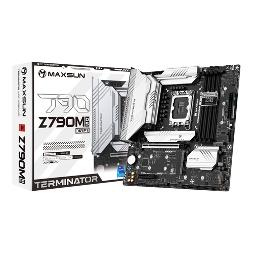 

Материнская плата MaxSun Terminator Z790M D5 WIFI, Socket1700, Intel Z790, 4xDDR5 DIMM, PCI-Ex16, 4SATA3, 7.1-ch, 2.5GLAN, 6 USB 3.2, 2 USB Type-C, HDMI, DP, mATX, Retail, Terminator Z790M D5 WIFI