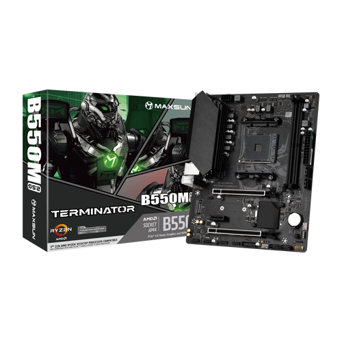 Материнская плата MaxSun Terminator B550M 2.5G, SocketAM4, AMD B550, 2xDDR4, PCI-Ex16, 4SATA3, 5.1-ch, 2.5GLAN, 4 USB 3.2, VGA, HDMI, mATX, Retail