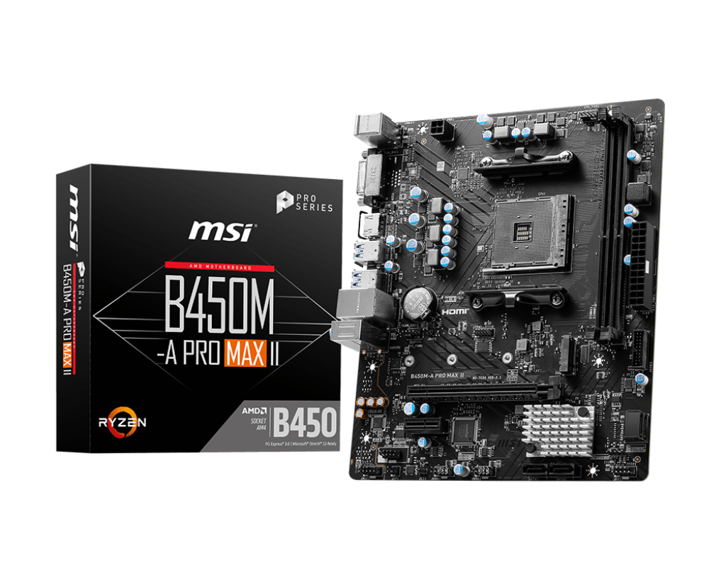 Материнская плата MSI B450M-A PRO MAX II, SocketAM4, AMD B450, 2xDDR4, PCI-Ex16, 4SATA3, 7.1-ch, 2.5GLAN, 6 USB 3.2, DVI, HDMI, mATX, Retail