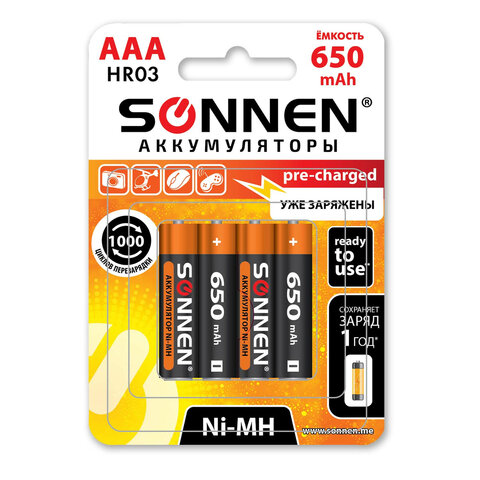 

Аккумулятор SONNEN, AAA, HR03, 1.2V 650 мА·ч, 4 шт. (455609)
