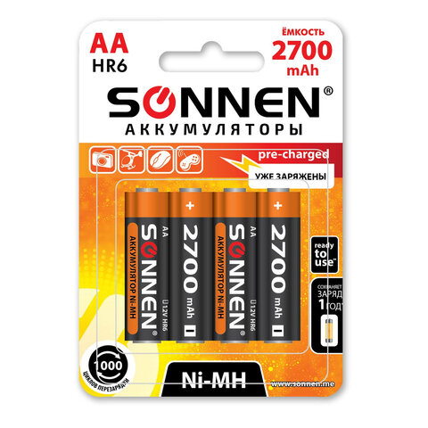 

Аккумулятор SONNEN, AA, HR03, 1.2V 2.7 А·ч, 4 шт. (455607)