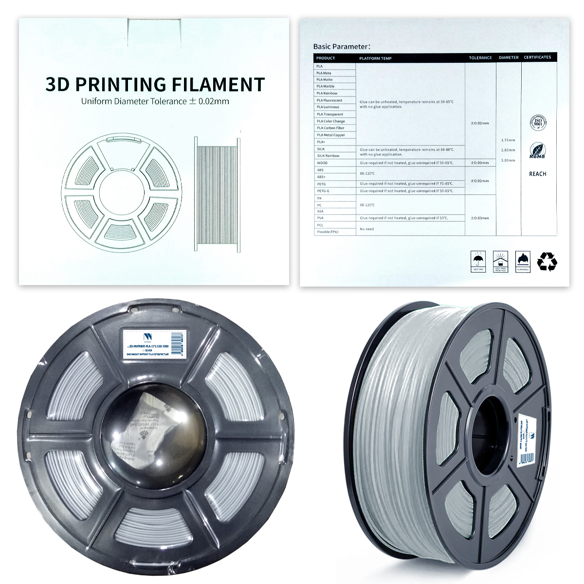 

Пластик NV Print, PLA, 1.75 мм x 330 м, серебристый для 3D принтера (3D-NVPRINT-PLA-1.75-330-1000-Silver)