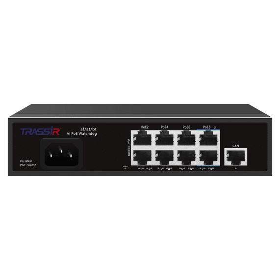 Коммутатор Trassir TR-NS1109-120-8PoE, кол-во портов: 8x100 Мбит/с, кол-во SFP/uplink: RJ-45 1x100 Мбит/с, PoE: 8x60 Вт (макс. 120 Вт)