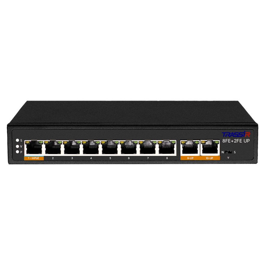 

Коммутатор Trassir TR-NS1110-120-8POE, кол-во портов: 8x100 Мбит/с, кол-во SFP/uplink: RJ-45 2x100 Мбит/с, PoE: 8x60 Вт (макс. 120 Вт), TR-NS1110-120-8POE