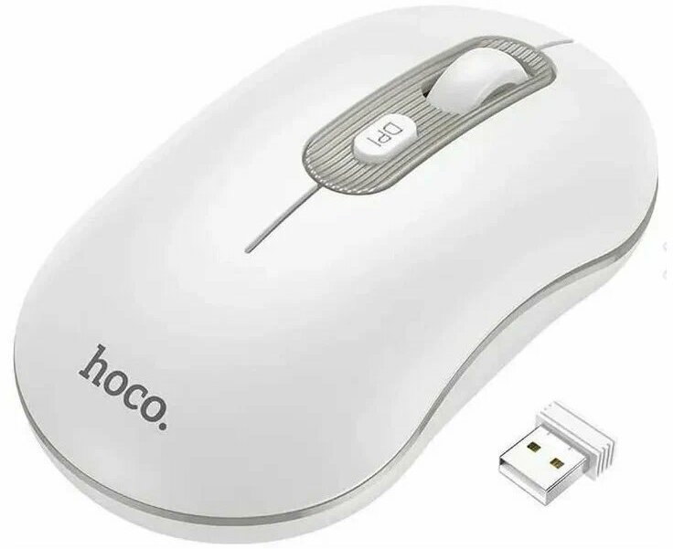 Мышь беспроводная HOCO GM21 Platinum, 1600dpi, оптическая светодиодная, USB/Радиоканал, белый/серый (GM21 Platinum)