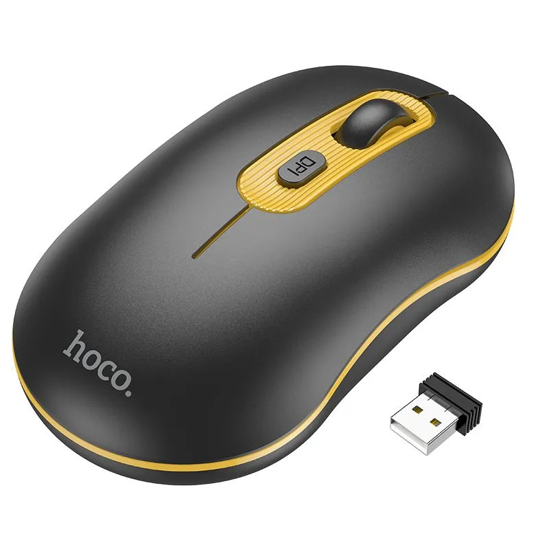 Мышь беспроводная HOCO GM21 Platinum, 1600dpi, оптическая светодиодная, USB/Радиоканал, черный/желтый (GM21 Platinum)