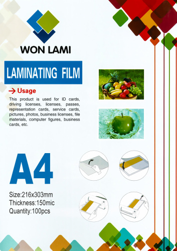 

Пленка для ламинирования Won Lami 150мкм, 216x303 (A4), 100 шт., глянцевая (7691)