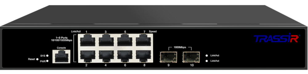 

Коммутатор Trassir TR-NS24102S-120-8PoE, кол-во портов: 8x1 Гбит/с, кол-во SFP/uplink: SFP 2x1 Гбит/с, установка в стойку, PoE: 8x30 Вт (макс. 120 Вт), TR-NS24102S-120-8PoE