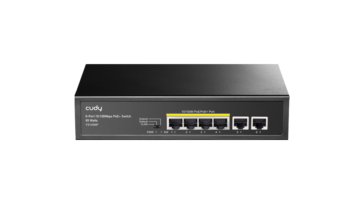 Коммутатор Cudy FS1006P, кол-во портов: 4x100 Мбит/с, кол-во SFP/uplink: RJ-45 2x100 Мбит/с, PoE: 4x30 Вт (макс. 60 Вт)