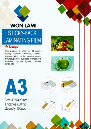 

Пленка для ламинирования Won Lami 80мкм, 303x426 (A3), 100 шт., глянцевая, клеющий слой (8482)