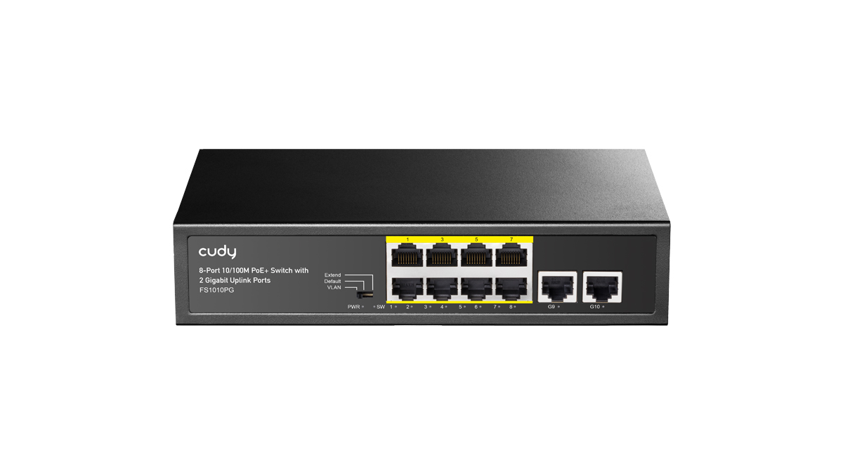 

Коммутатор Cudy FS1010PG, кол-во портов: 8x100 Мбит/с, кол-во SFP/uplink: RJ-45 2x1 Гбит/с, PoE: 8x30 Вт (макс. 120 Вт), FS1010PG