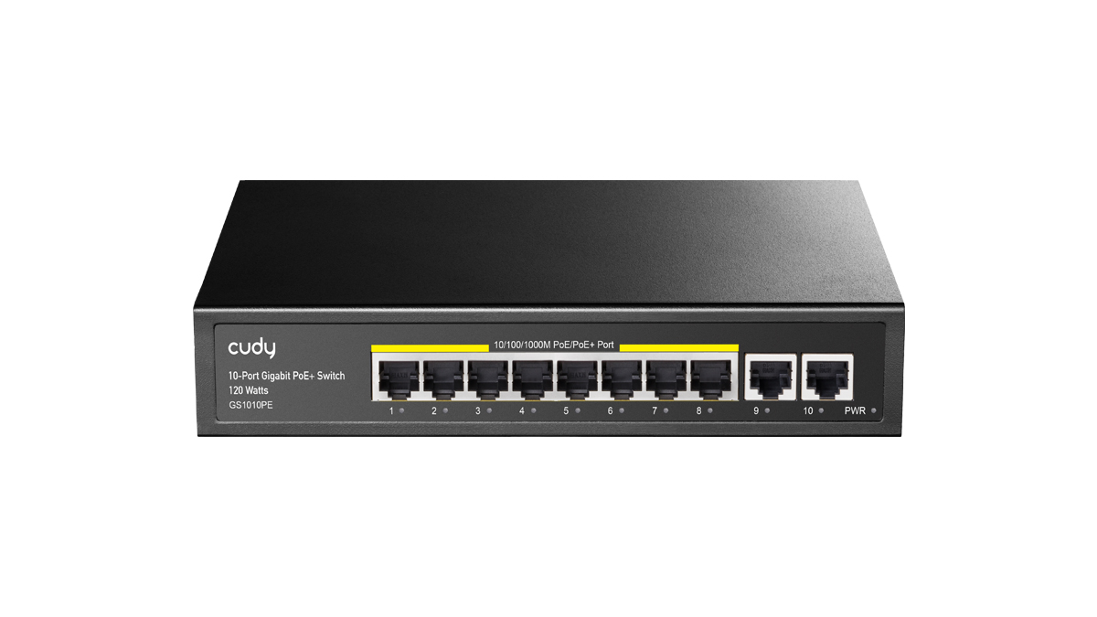 Коммутатор Cudy GS1010PE, кол-во портов: 8x1 Гбит/с, кол-во SFP/uplink: RJ-45 2x1 Гбит/с, PoE: 8x30 Вт (макс. 120 Вт)