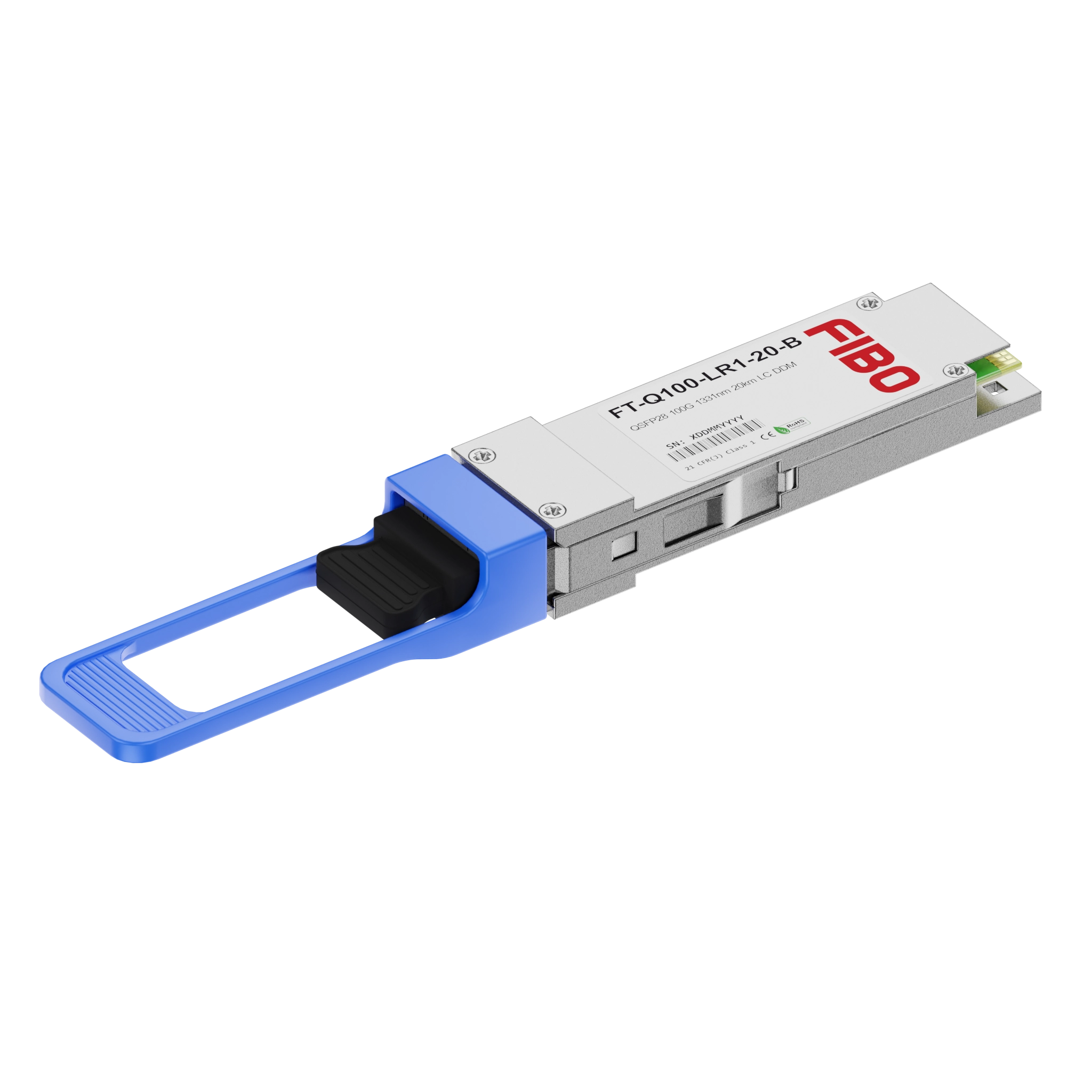 

Модуль QSFP28 FIBO, 20 км, LC, Tx:1311 нм, Rx:1291 нм, 100 Гбит/с, SM, одинарный, WDM, DDM (FT-Q100-LR1-20-B)