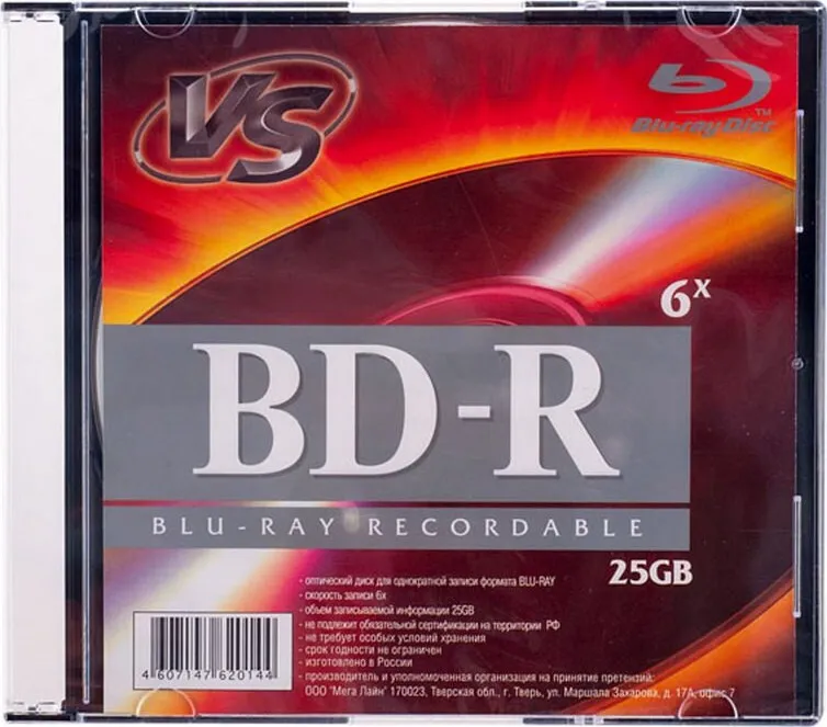 Диск Blu-Ray BD-R 25Gb 6x VS, Slim Case