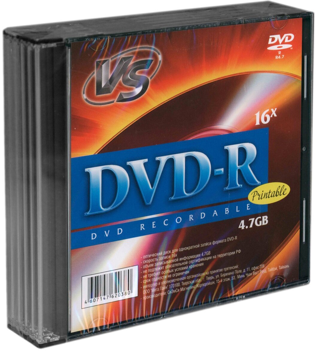 

Диск VS DVD-R, 4.7Gb, 16x, Slim Case, 5 шт, Printable (VSDVDRIPSL501)