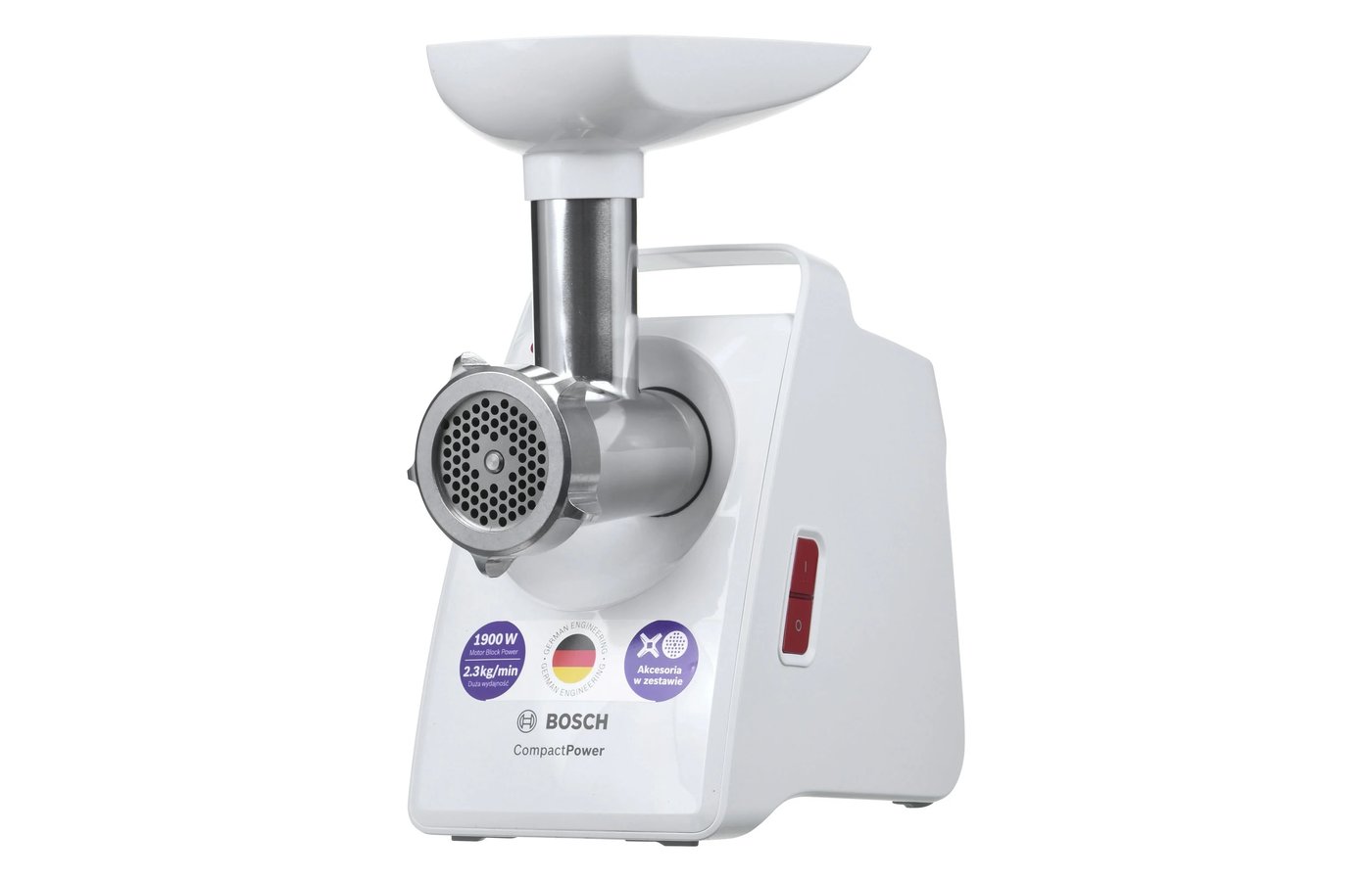 

Электрическая мясорубка Bosch MMWPL3000, 1.9 кВт, 2.3 кг/мин, белый, MMWPL3000