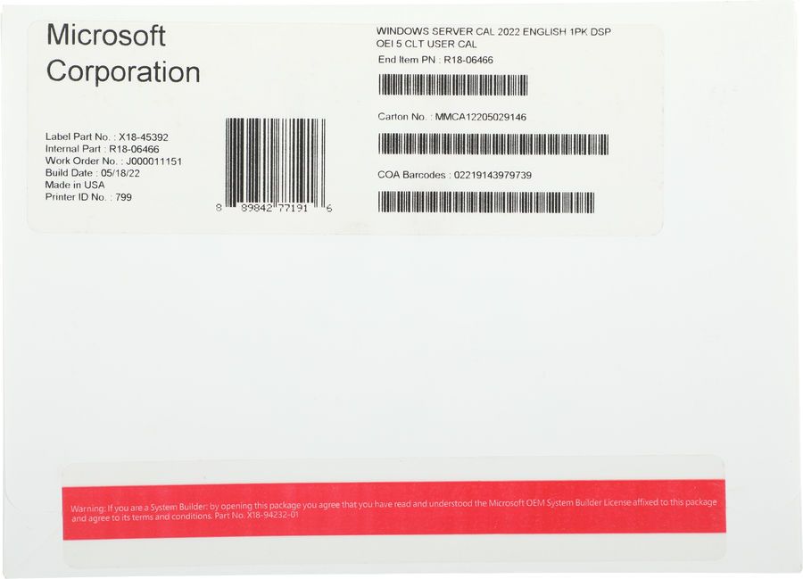 Программное обеспечение Microsoft Microsoft Windows Server CAL 2022, English, 64 bit, 5 User CAL, OEI (R18-06466)