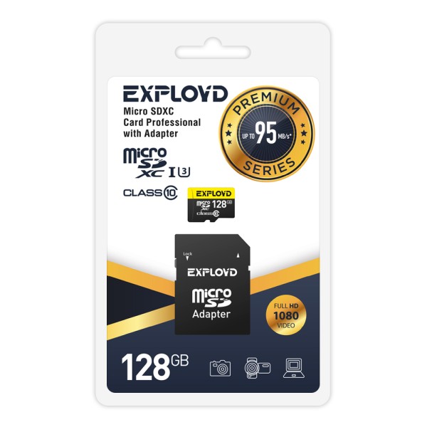 Карта памяти 128Gb microSDXC EXPLOYD Premium Class 10 UHS-I U3 + адаптер (EX128GCSDXC10UHS-1-ElU3)