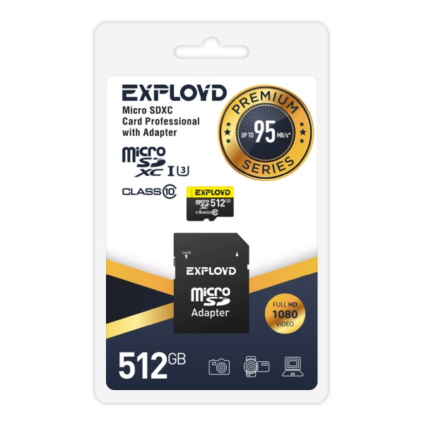 

Карта памяти 512Gb microSDXC EXPLOYD Premium Class 10 UHS-I U3 + адаптер (EX512GCSDXC10UHS-1-ElU3)