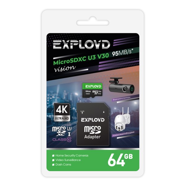 

Карта памяти 64Gb microSDXC EXPLOYD Vision Class 10 UHS-I U3 V30 + адаптер (EX64GCSDXC10-U3-V30)