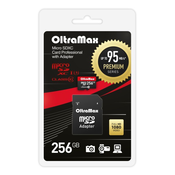 Карта памяти 256Gb microSDXC OltraMax Premium Class 10 UHS-I U3 + адаптер (OM256GCSDXC10UHS-1-PrU3)