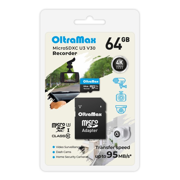 

Карта памяти 64Gb microSDXC OltraMax Recorder Class 10 UHS-I U3 V30 + адаптер (OM64GCSDXC10-U3-V30)