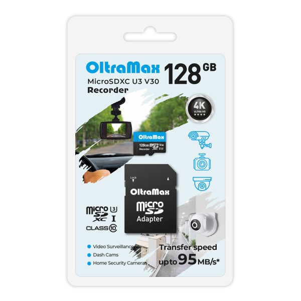 Карта памяти 128Gb microSDXC OltraMax Recorder Class 10 UHS-I U3 V30 адаптер OM128GCSDXC10-U3-V30 122500₽