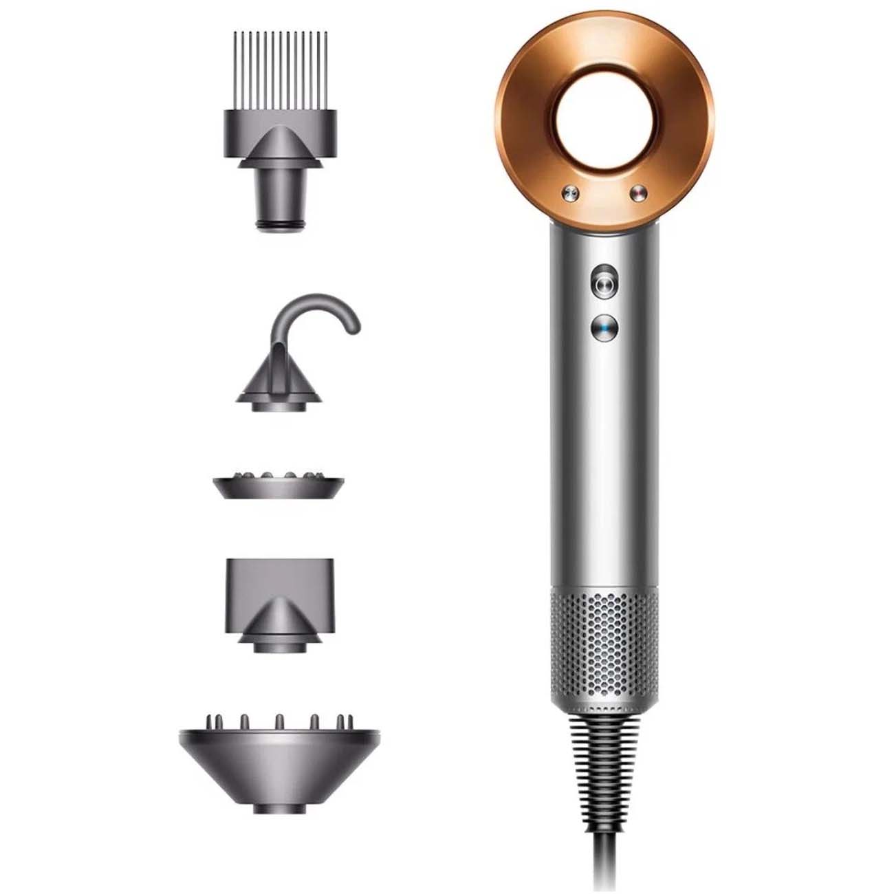 

Фен Dyson Supersonic HD08 1.6 кВт, режимов: 4, насадок: 5, серебристый/медный (389928-01), HD08