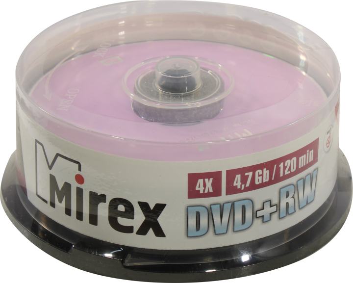 Диск Mirex DVD+RW, 4.7Gb, 4x, на шпинделе, 25 шт, Printable (202592)