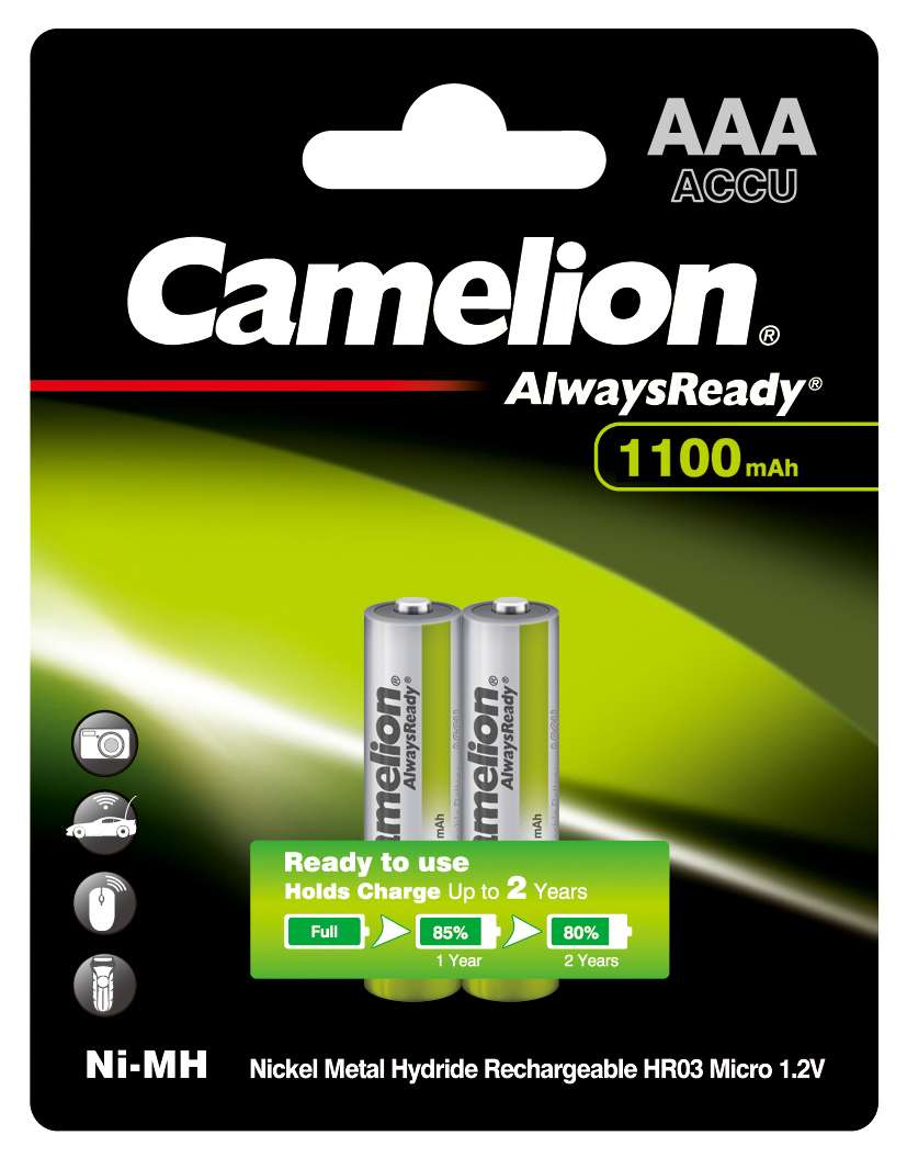 

Аккумулятор Camelion Always Ready NH-AAA1100BP2, AAA, 1.2V 1.1 А·ч, 2 шт. (15037), Серебристый/оранжевый, NH-AAA1100BP2