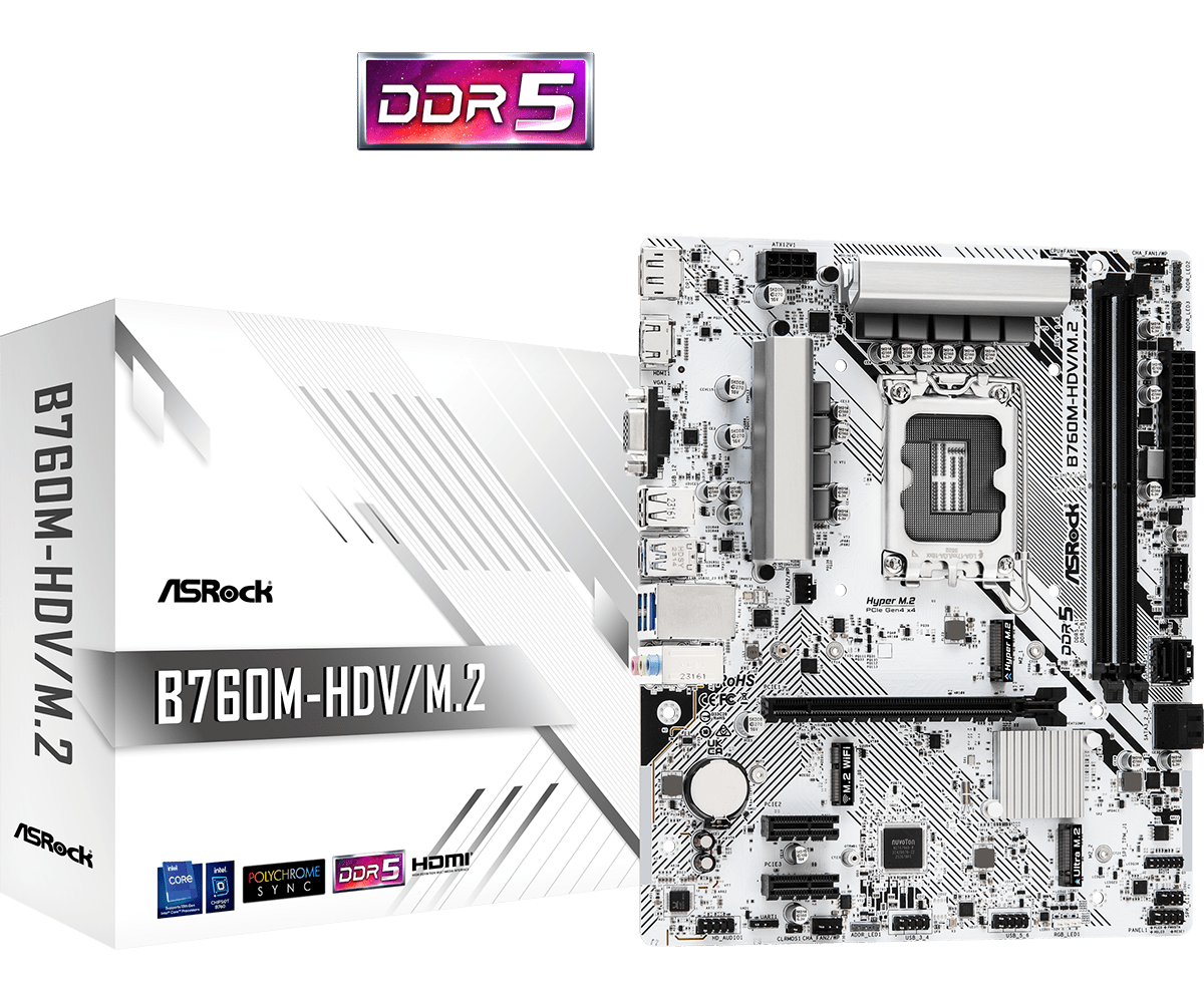 

Материнская плата ASRock B760M-HDV/M.2, Socket1700, Intel B760, 2xDDR5 DIMM, PCI-Ex16, 4SATA3, 7.1-ch, 2.5GLAN, 5 USB 3.2, 1 USB Type-C, VGA, HDMI, DP, mATX, Retail, B760M-HDV/M.2