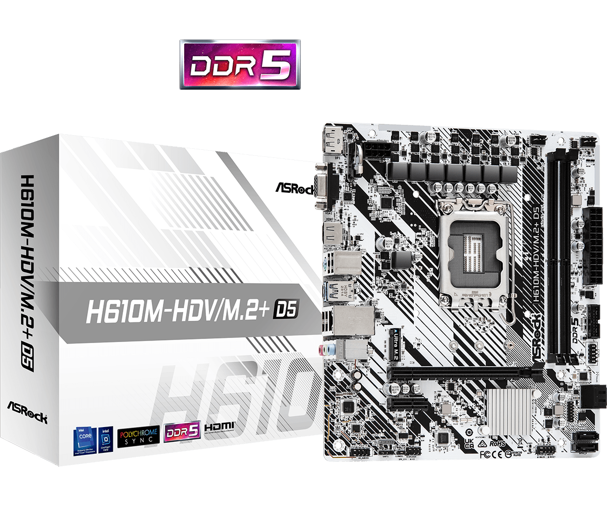

Материнская плата ASRock H610M-HDV/M.2+ D5, Socket1700, Intel H610, 2xDDR5 DIMM, PCI-Ex16, 4SATA3, 7.1-ch, GLAN, 3 USB 3.2, 1 USB Type-C, VGA, HDMI, DP, mATX, Retail, H610M-HDV/M.2+ D5