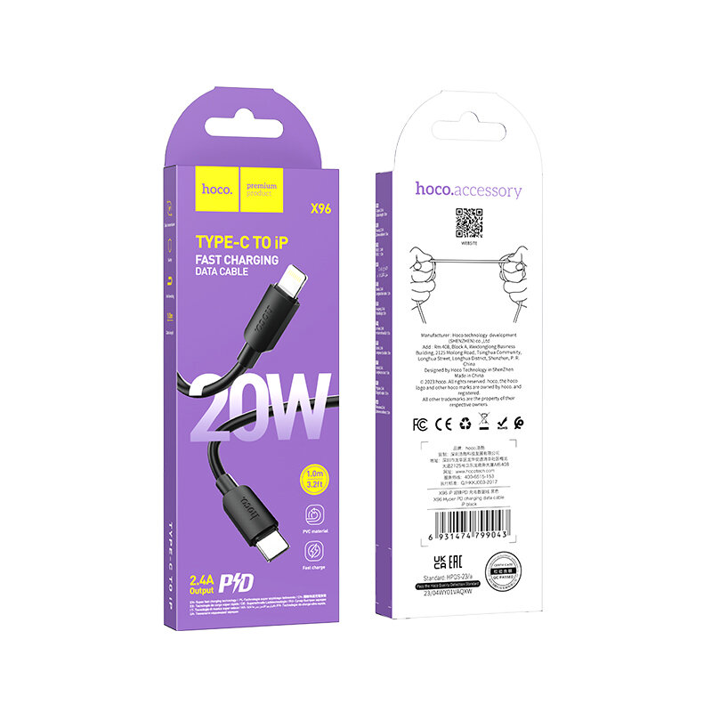 

Кабель USB Type-C-Lightning 8-pin, быстрая зарядка, 2.4А, 20 Вт, 1 м, черный, HOCO X96 (6931474799043), X96