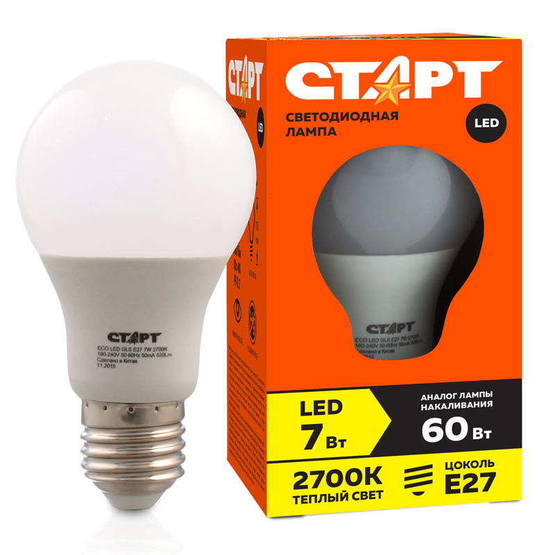 

Лампа светодиодная E27 грушевидная, 7 Вт / теплый свет, СТАРТ LEDGLSE27 (4670012296102)