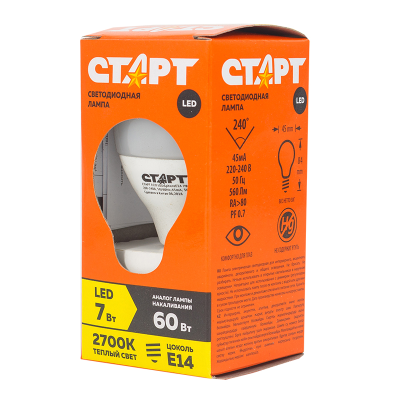 

Лампа светодиодная E14 шар, 7 Вт / теплый свет, СТАРТ LEDSphereE14 (4680024812023)