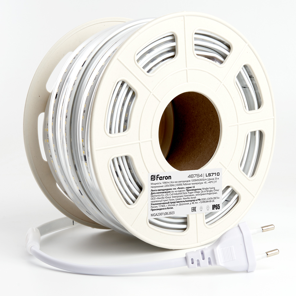 

Лента светодиодная, 25 м, SMD 2835, 120 шт./10 Вт на метр, 220V, 6500 K, холодный белый, IP65 Feron (48764)