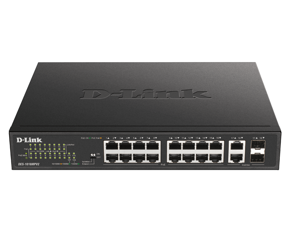 Коммутатор D-link DES-1018MPV2, кол-во портов: 16x100 Мбит/с, combo RJ-45/SFP 2x1 Гбит/с, установка в стойку, PoE: 16x30Вт (макс. 247Вт) (DES-1018MPV2/A1A ) б/у, следы монтажа, полный комплект