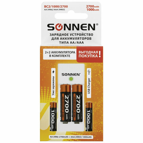 

Аккумулятор SONNEN, AA (HR6) + ААА (HR03), 1.2V 2.7 А·ч, 4 шт. (4606224365084) с зарядным устройством