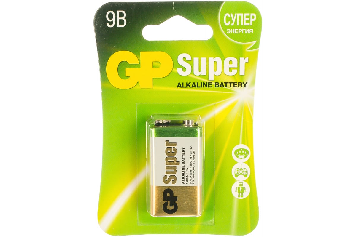 Батарейка GP Super Alkaline, крона (6LR61/6LF22/1604A/1604S/6F22), 9V, 1 шт
