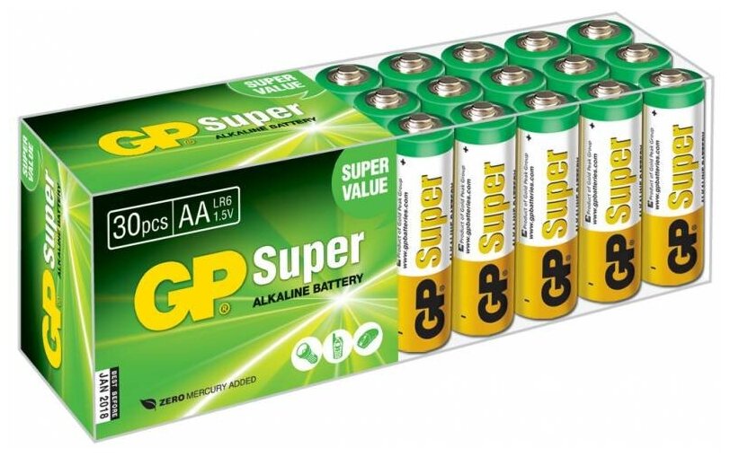 

Батарея GP Super Alkaline, AA (LR06/15А), 1.5V, 30 шт. (4670012295037)
