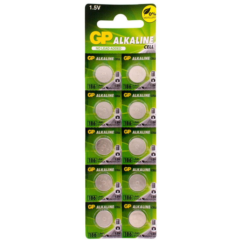 

Батарея GP AG12/386/LR43/186A, 1.5V, 10 шт. (4891199015502)