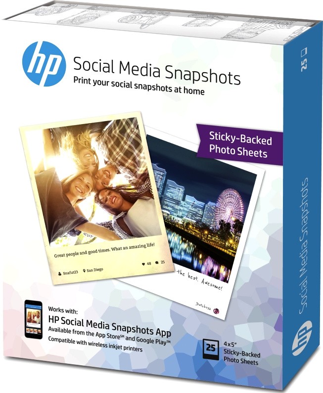 

Фотобумага 10x13 265 г/м² полуглянцевая, 25 листов, самоклеящаяся, HP Social Media Snapshots W2G60A для струйной печати