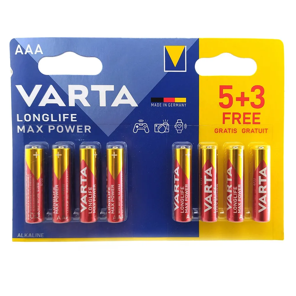 

Батарея Varta LONGLIFE MAX POWER, AAA (LR03), 1.5V, 8 шт. (04703101428)