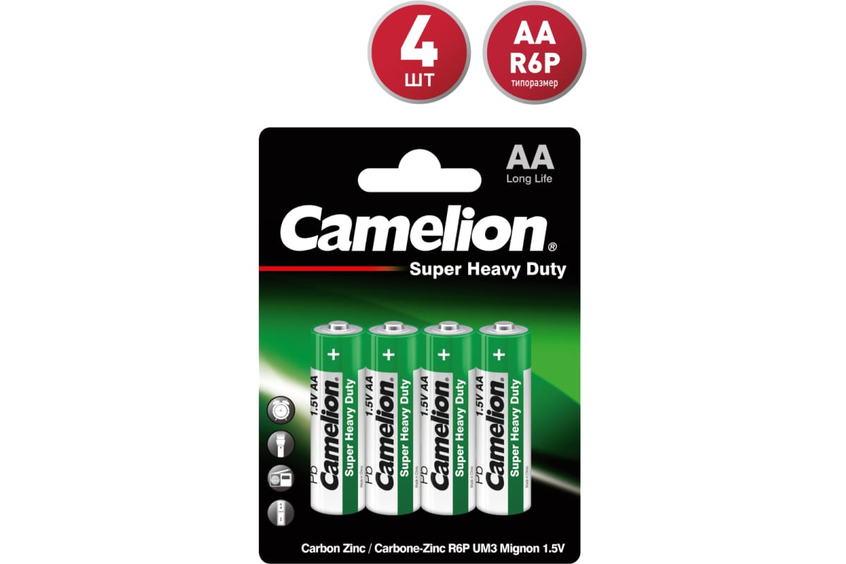 

Батарея Camelion Super Heavy Duty, AA (R6P), 1.5V, 4 шт. (1669)
